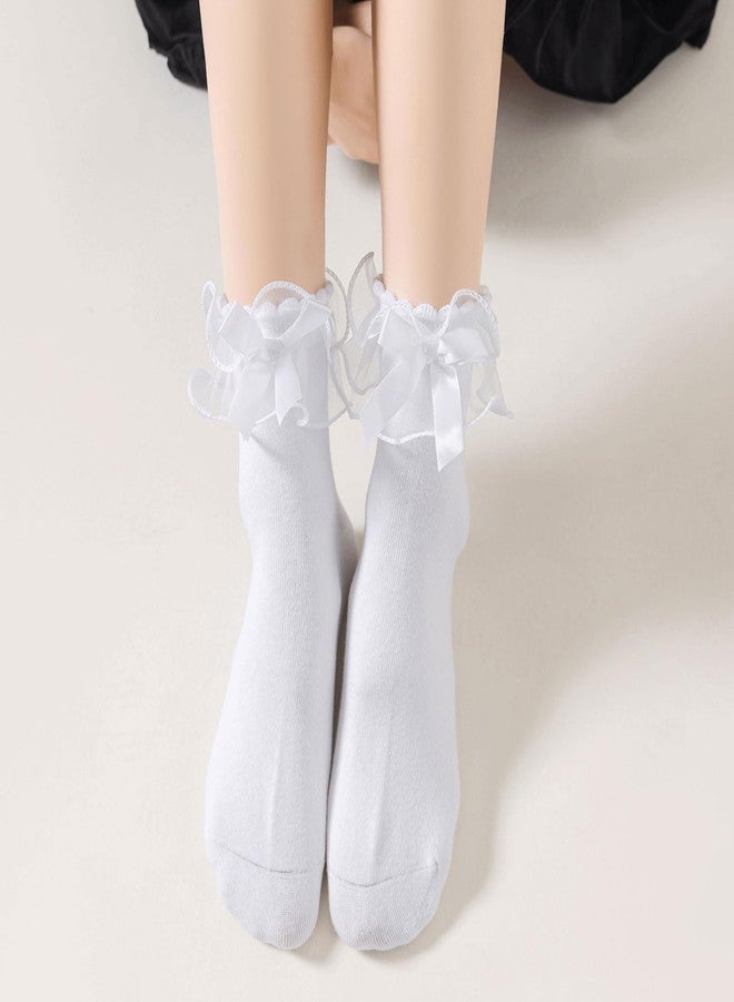 AMHRLINGTO Lace Ruffle Frilly Socks for Women, Comfortable Cotton Cute Lace Ankle Socks with Bow (US, Numeric, 5, 9, Regular, Regular, White-1 Pairs) - Image 2
